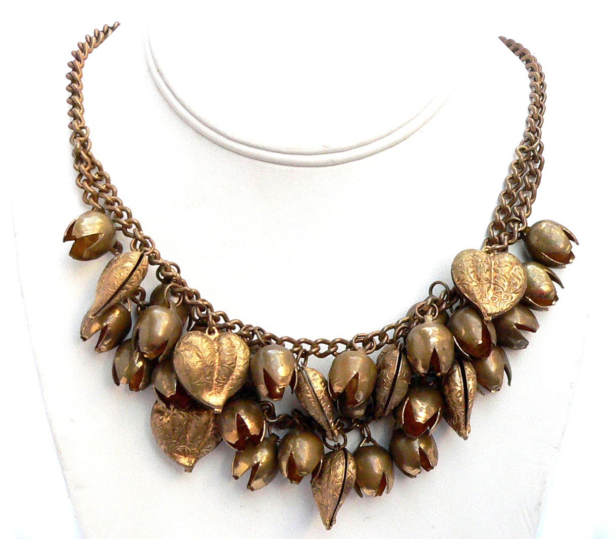 Charm Necklace 1930s Gold-tone over Brass Gilt Floral Puffy Heart Leaves