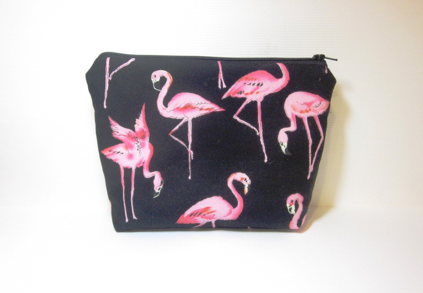 Large Cotton Zipper Pouch Toiletery Bag Cosmetic Pouch - Pink Flamingos - handjstarcreations