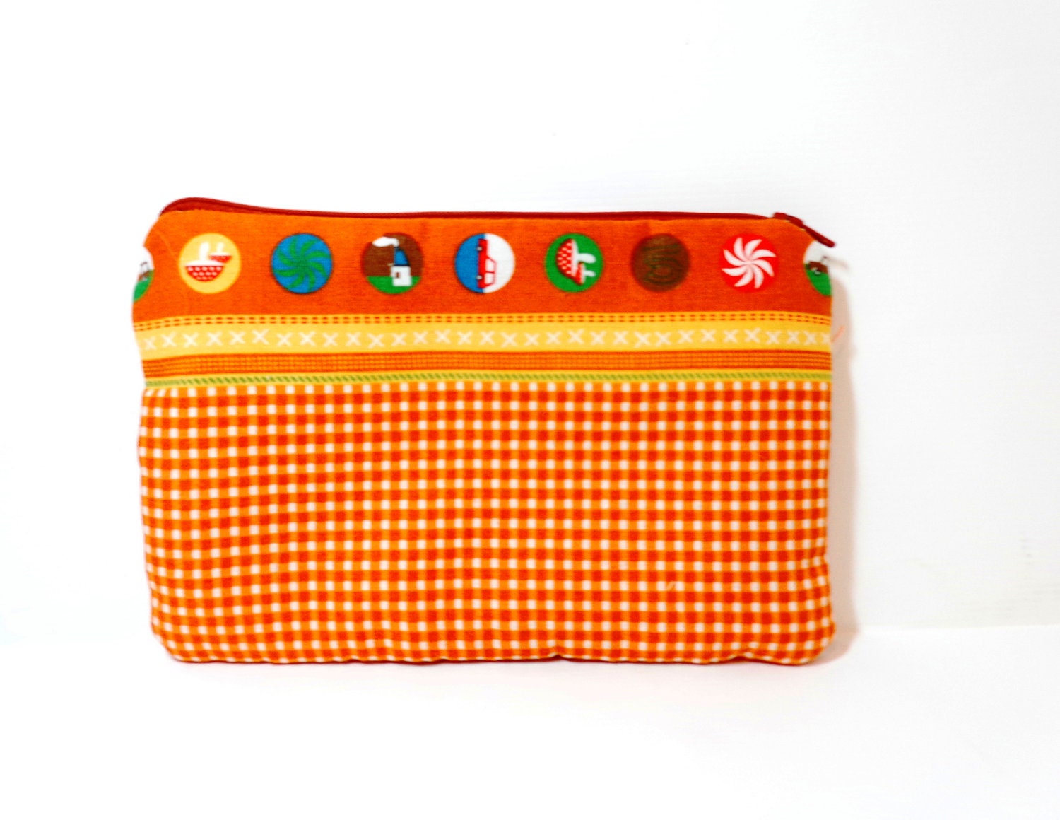 Cotton Pencil Case Zipper Pouch Orange Gingham