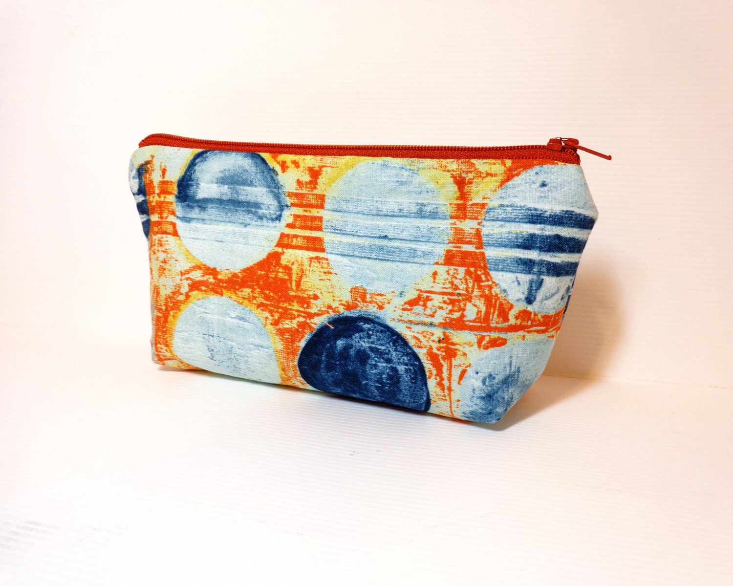 Medium Zipper Pouch Cosmetic Pouch Pencil Case Blue Dots on Rust