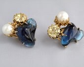 Vintage Earrings With Royal Blue Cabochon, Faux Pearl and Yellow Rhinestone