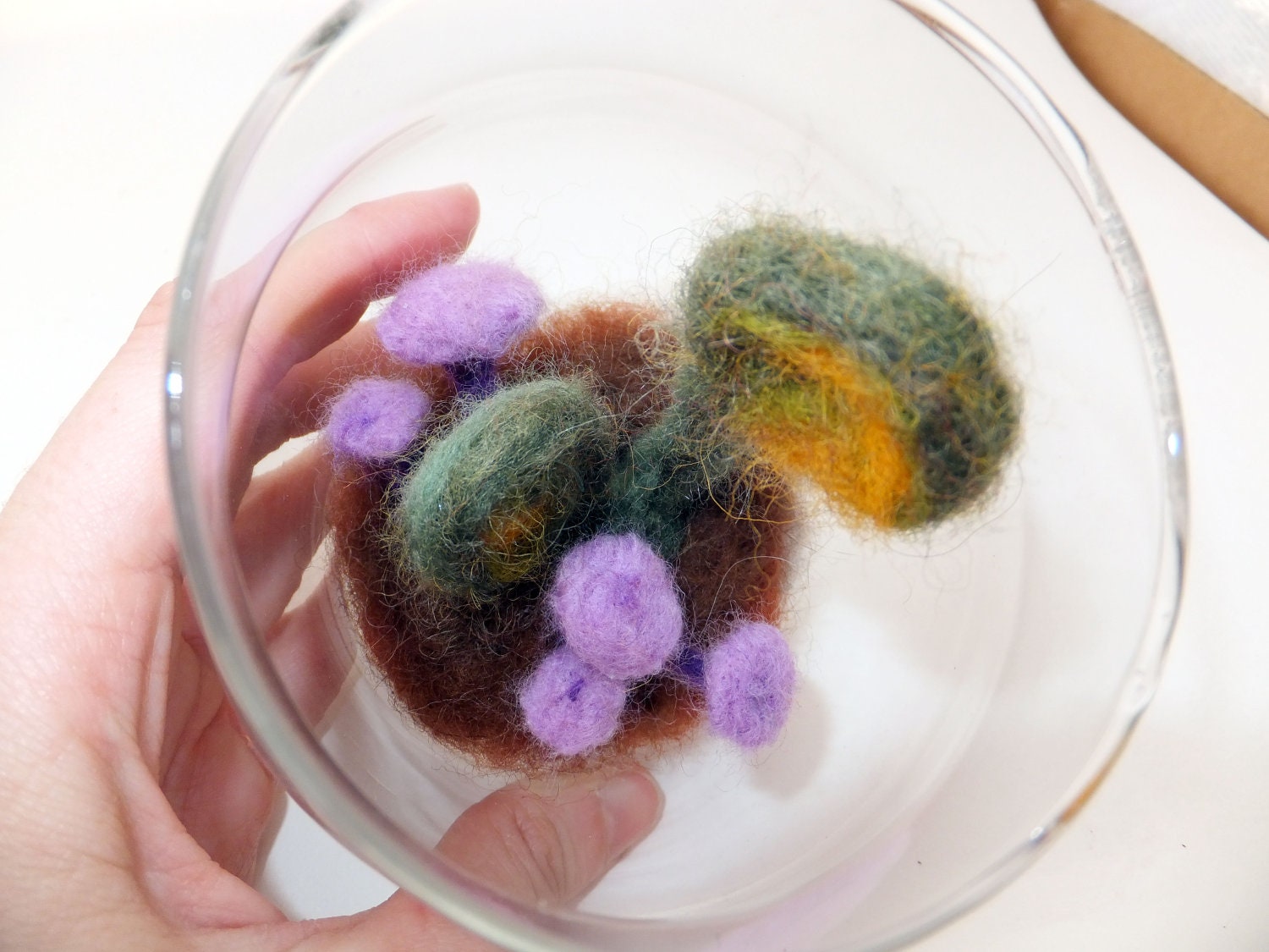 Apothecary jar terrarium needlefelted fiddlehead fern purple mushroom