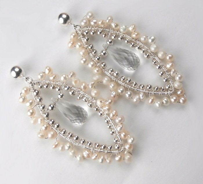 Bridal Jewelry Wedding Earrings Wire Wrapped Pearl Statement Bridal Earrings Sterling Silver Post Handmade Rock Crystal