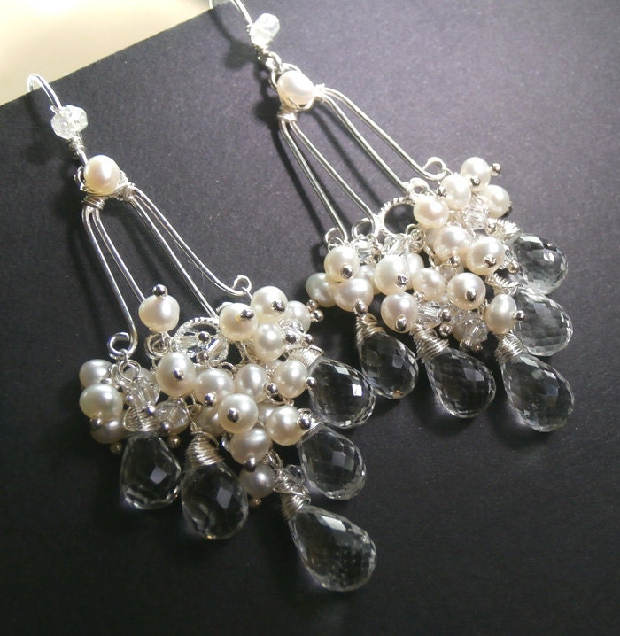 Bridal Jewelry Chandelier Wedding Earrings Pearl Crystal Wire Wrapped Sterling Silver Handmade Chandelier Earrings Luxury Bridal Earrings