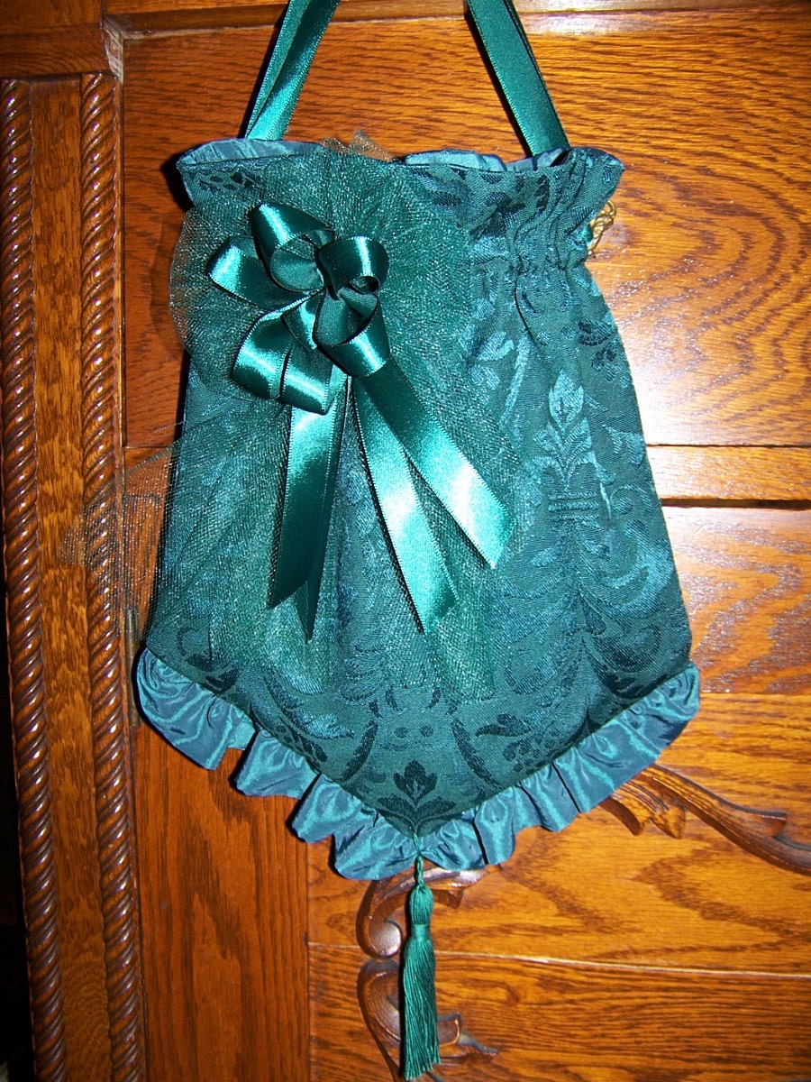 Civil War Hatand Reticule,Victorian Ladies,Green teardrop Brocade with Green Satin ruffle costume