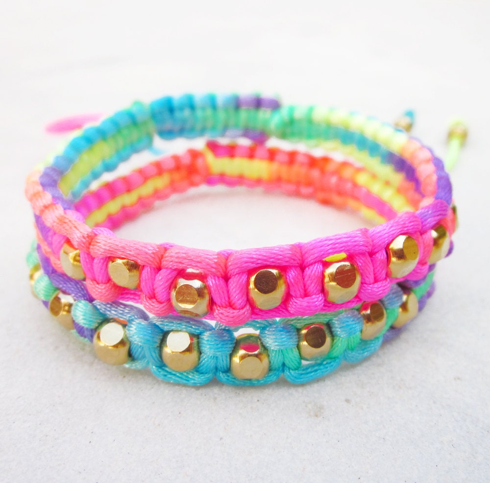 RAINBOW BRACELETS SET friendship bracelets neon bracelets macrame gold beads bracelets stackable  adjustable - Spring jewelry