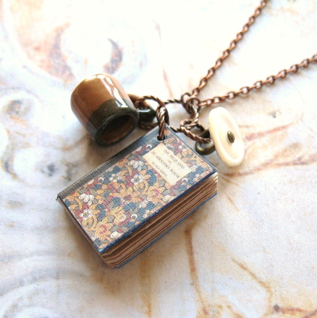 A Good Read - Handmade Copper Chain Necklace With Miniature Book, Mug and Vintage Button