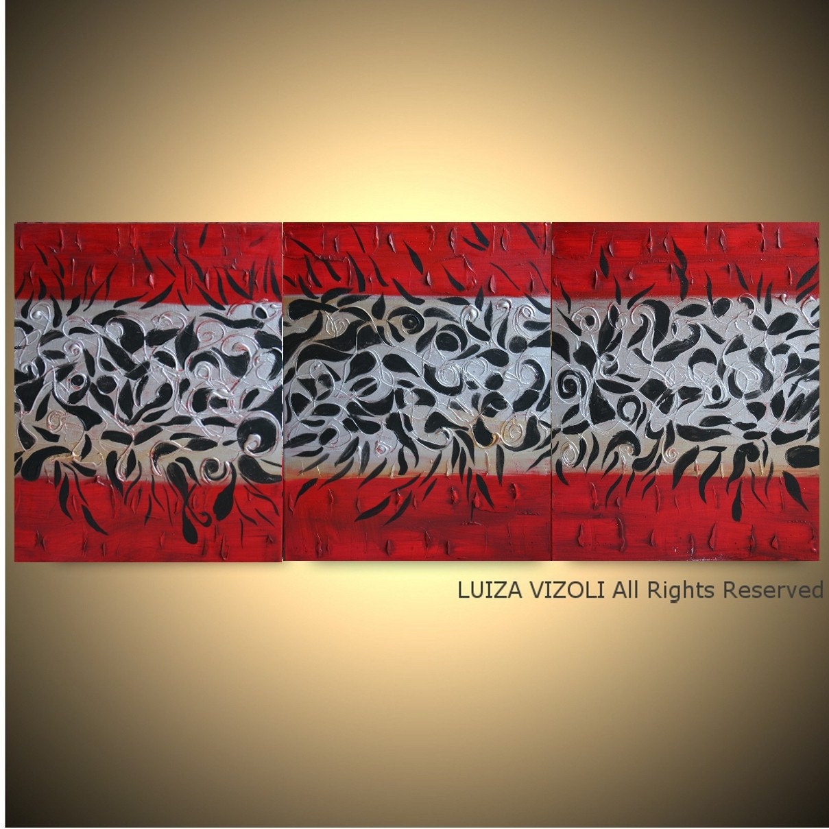 Original Abstract Modern Fantasy Oil Acrylic Painting 48X20 Dragon Dance Red SILVER Black