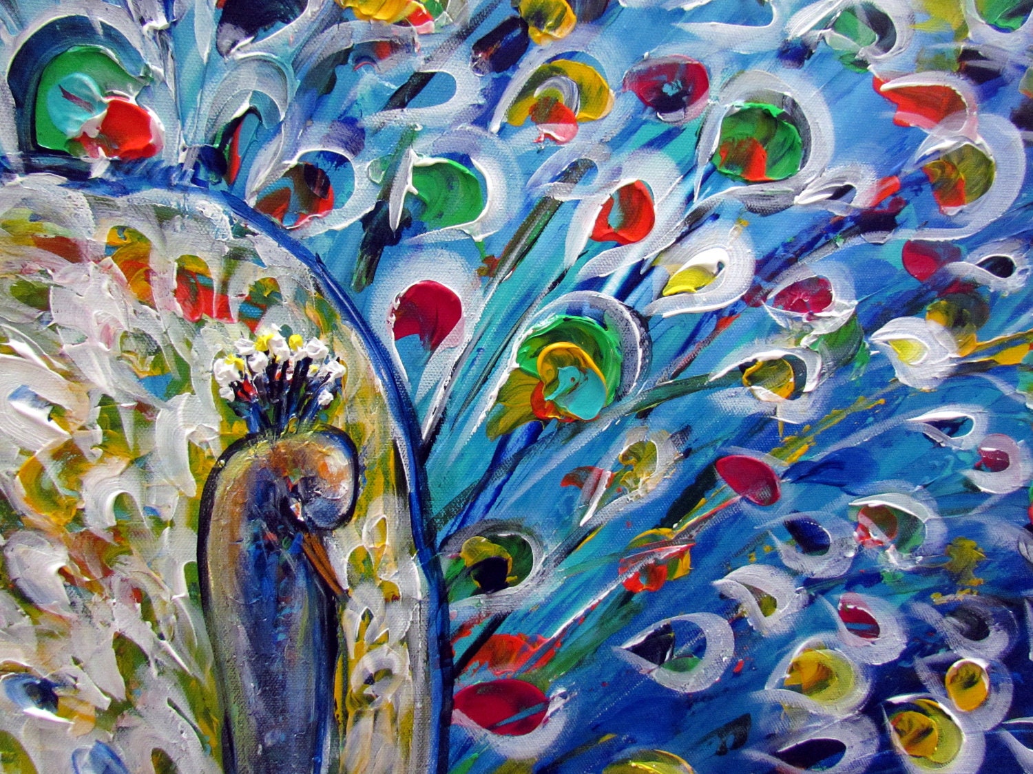Original Modern Textured Palette Impasto Whimsical  Bird Oil Art PEACOCK PRIDE by Luiza Vizoli large painting