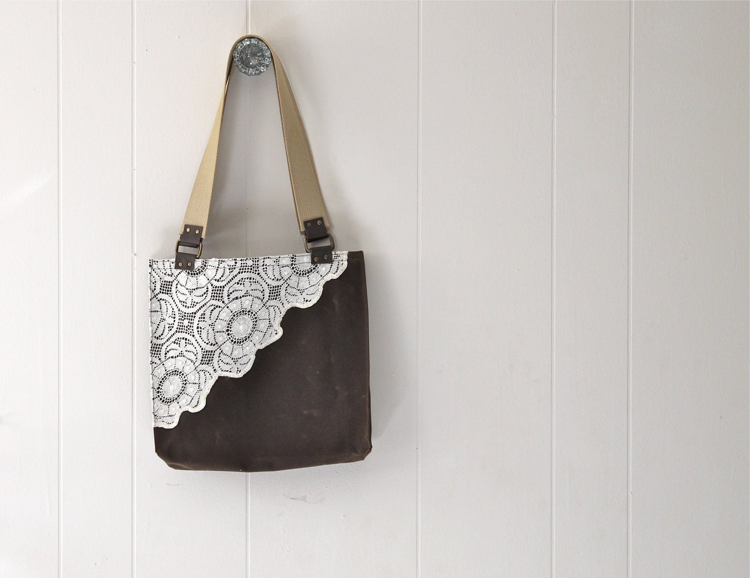 Waxed Canvas Tote Bag with Upcycled Lace - Chestnut Brown