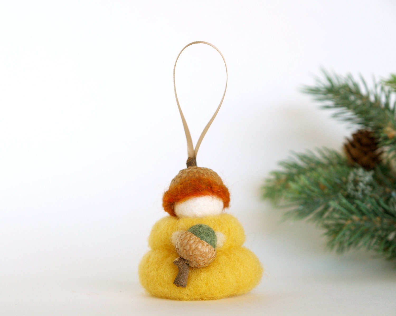 Gnome Ornament Needle Felted Fairy, Waldorf Doll, Acorn, children, kids, yellow, woodland, Magical, Spring