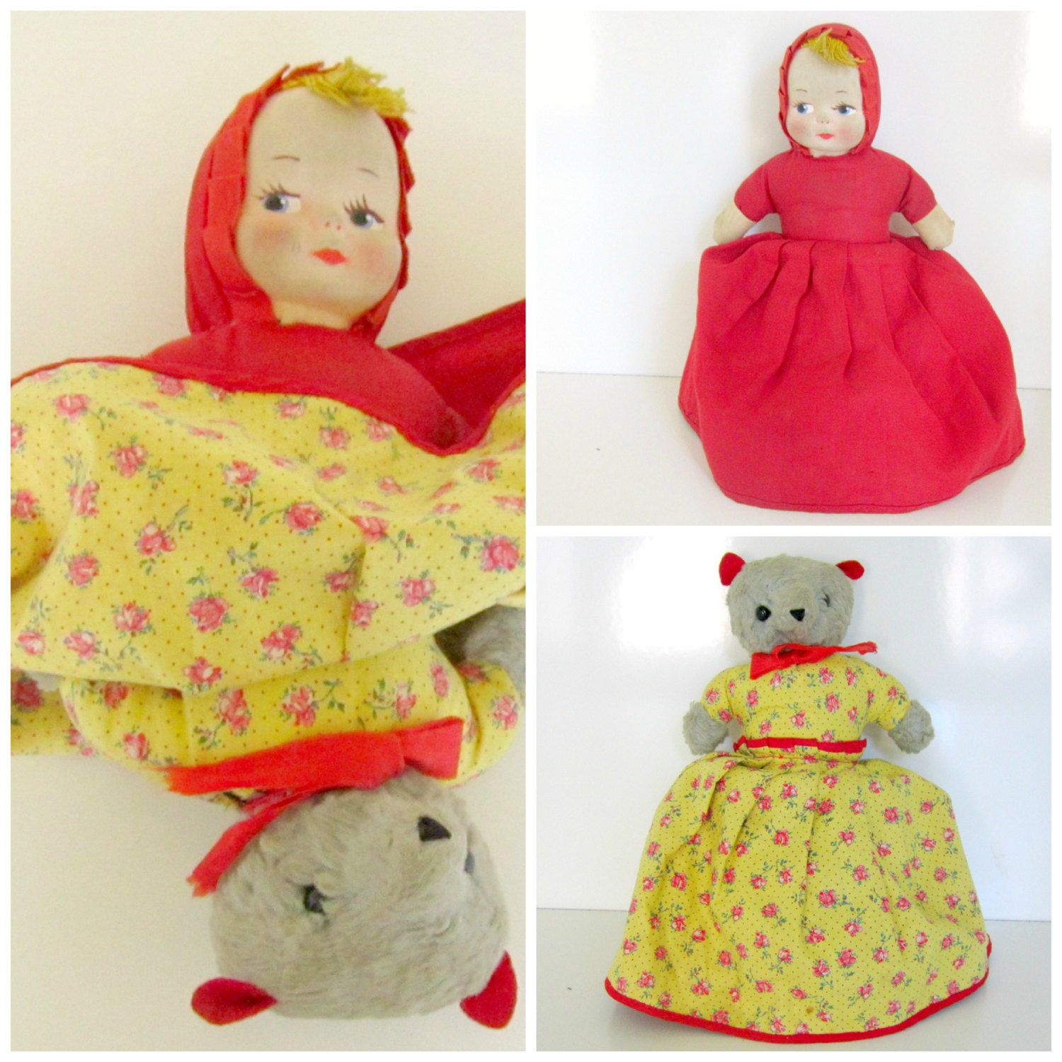 Antique Red Riding Hood Doll Topsy Turvey with Wolf Musical 1940s