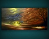art painting abstract silhouette tree painting large huge 48 x 24 metallic gold clouds mountain fire landscape