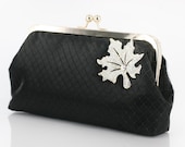 Black Clutch with Gold Tone Leaf Rhinestone Brooch 8-inch PASSION
