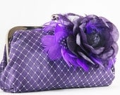 Purple Bridal Bridesmaids Clutch with Feathery Rose Brooch 8-inch PASSION