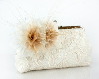 Ivory Bridal Bridesmaids Lace  Clutch Bag with champagne feather fascinator  8-inch WINTER GARDEN L'HERITAGE