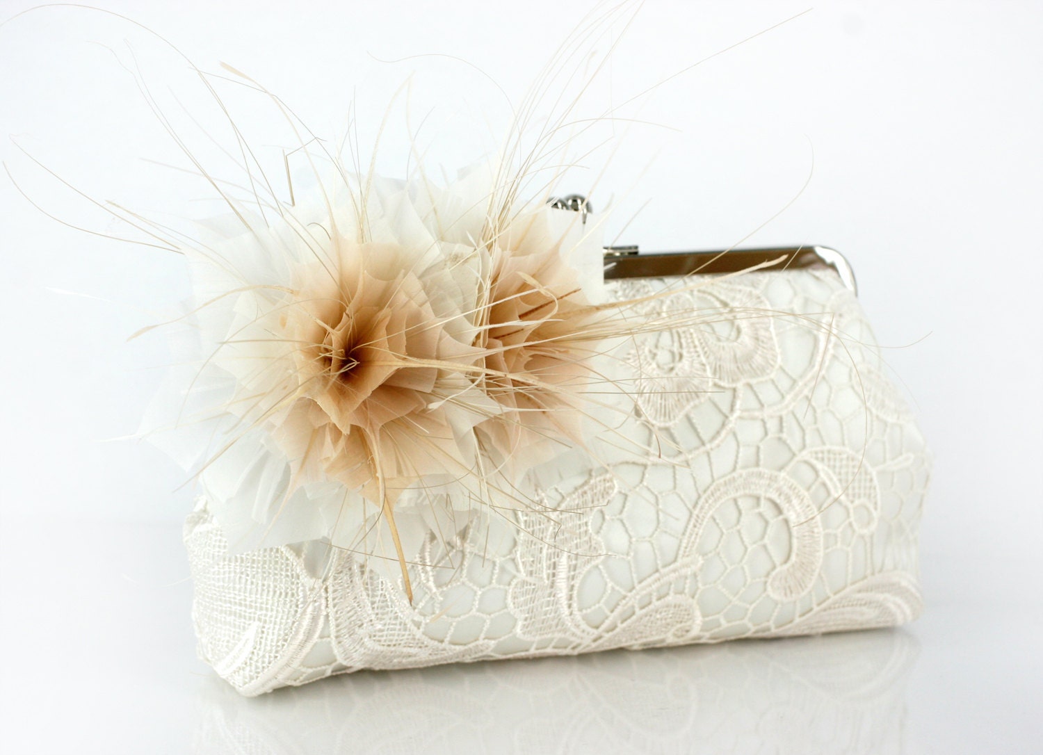 Ivory Bridal Bridesmaids Lace Clutch Bag with champagne feather fascinator 8-inch WINTER GARDEN L'HERITAGE
