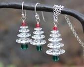 Winter White Christmas tree sterling silver necklace & earring set - clear, green and red Swarovski crystals - jewelry set for the Holidays