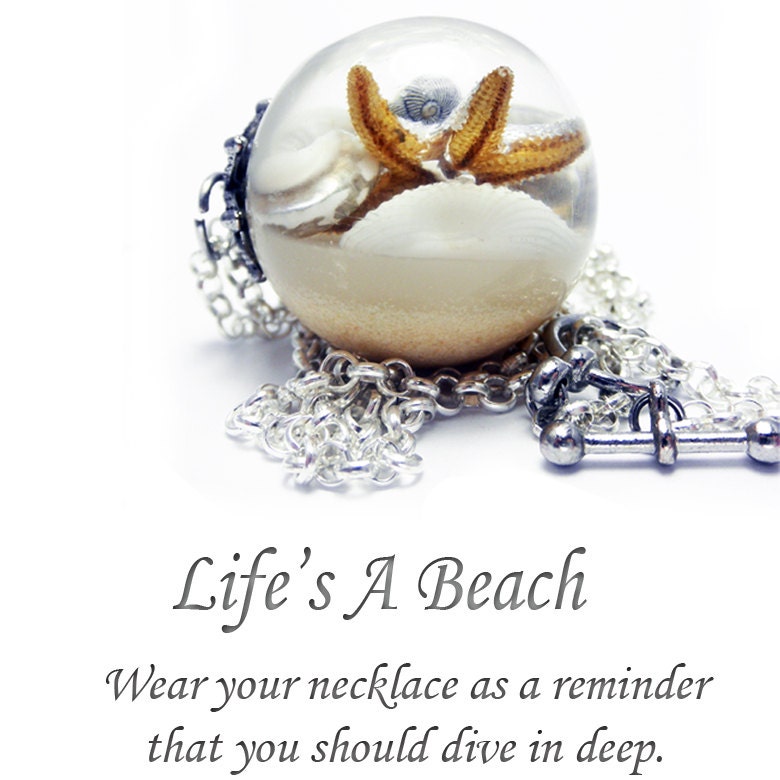 Life's a Beach, Resin droplet pendant, embedded seashells, starfish pendant, handmade resin pendant. LIMITED EDITION