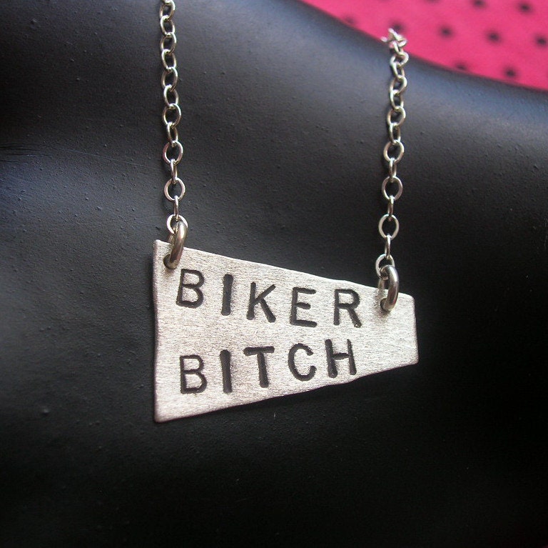 BIKER BITCH--Bicycle Necklace, Motorcycle, Bike Necklace, Rectangle Charm Necklace, Bad Ass, Sterling Silver Necklace, Silver Pendant