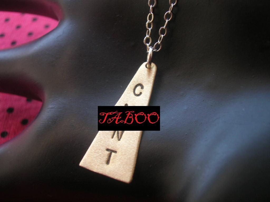 CUNT Necklace--Brass Triangle Necklace, Triangle Charm Necklace, Rihanna Cunt Necklace, Brass Pendant, Mature, Slut, Whore, Metal Taboo