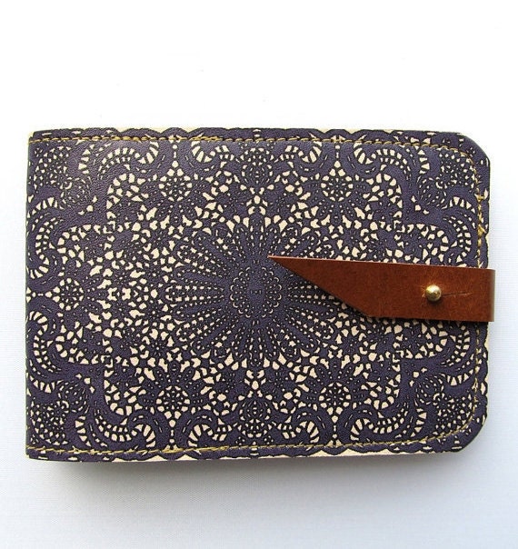 Leather card case/ Oyster card holder - Purple lace design