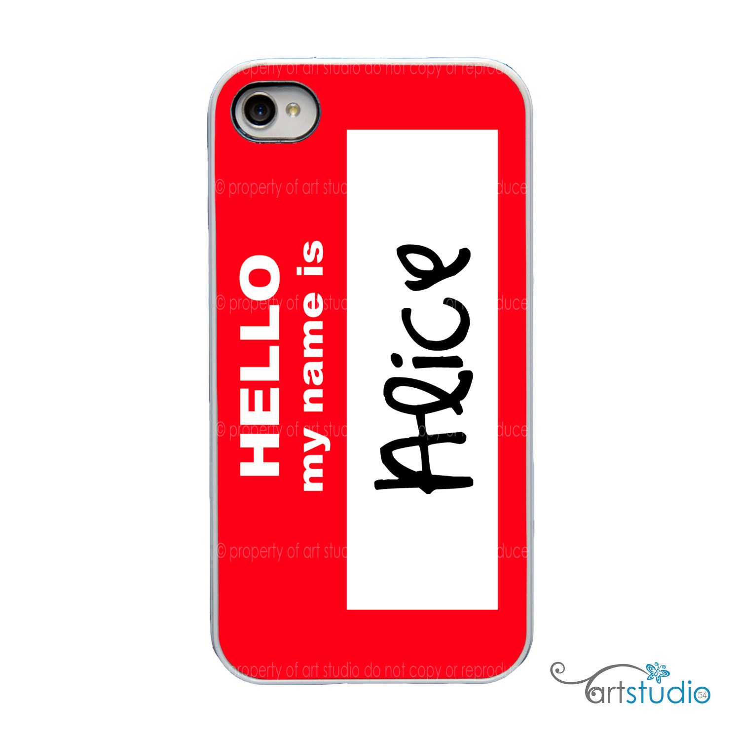 Personalized with Your Name - Hello My Name is Tag Red with White, Black or Clear Sides iPhone Case - 4, 4s, 5 Hard Cover - artstudio54