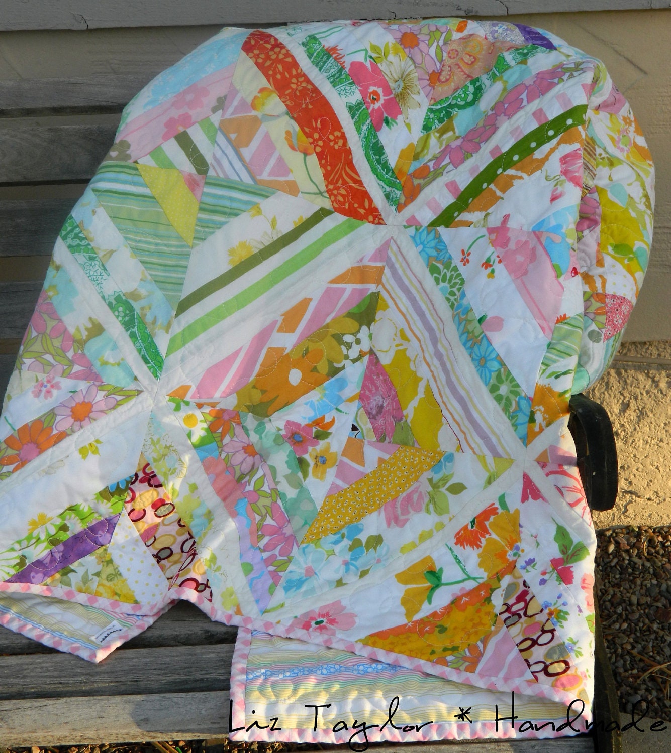 Handmade patchwork baby, toddler, lap quilt - string quilt - pink, yellow, orange, blue, green vintage sheets