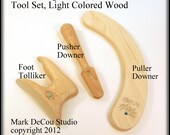 Hat Making Three (3) Piece Milliners Hand Tool Kit, Pusher (Runner) Downer, Foot Tolliker, Puller Downer, Light Colored Wood