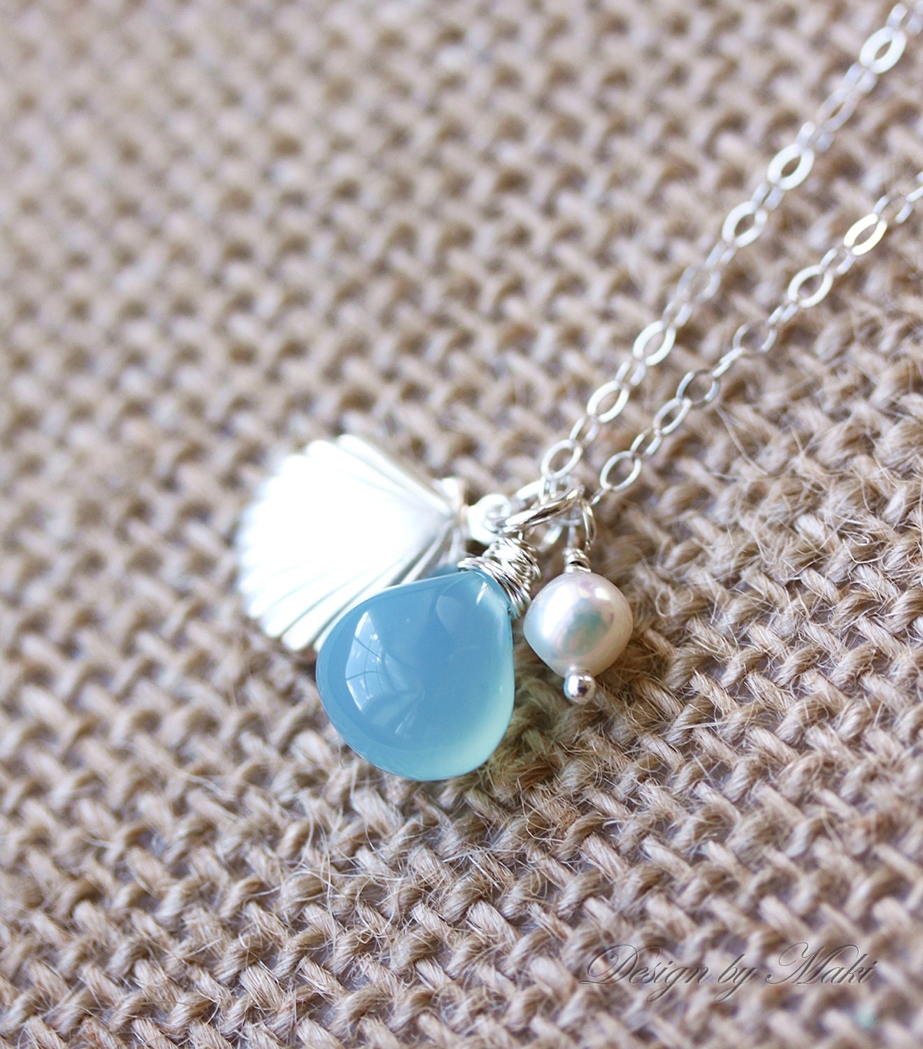 Aqua Blue Chalcedony Summer Necklace-Bridesmaid gift,Sea Shell Necklaces, Beach Wedding,Sterling Silver, Aqua Blue,Etsy Weddings, Summer