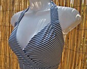 Cal Noir  40s 50s BLUE & WHITE Stripe HALTER Top   Sz Medium