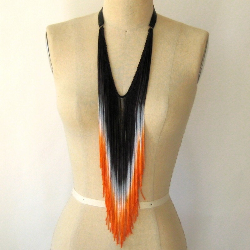 Black Hot Orange Fringe Necklace