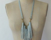 SALE Pastel Blue Embossed Snakeskin Leather Tassel Fringe Necklace