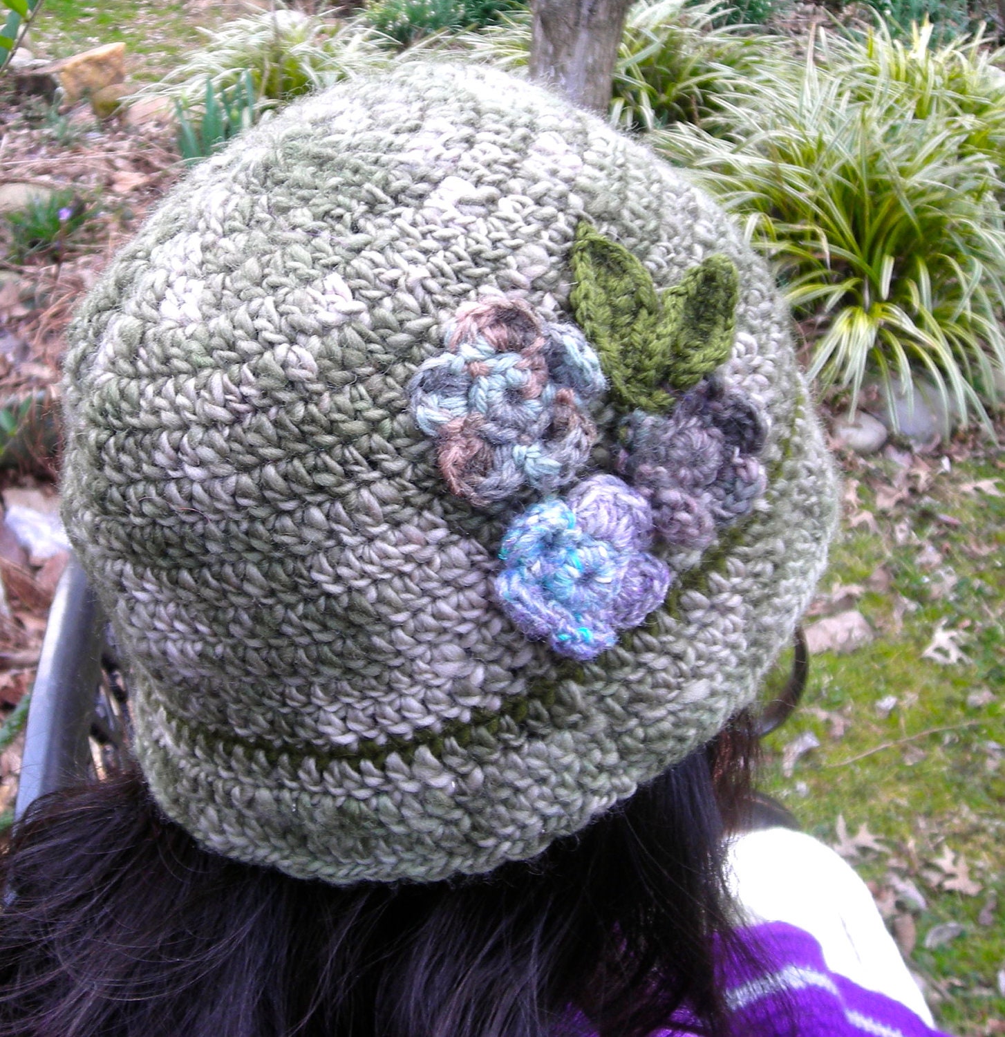 Crochet Cloche, Floral Women's Cloche Hat, Handcrocheted, Clustered Flower Cloche, Wool Muted Green Lavender Gray