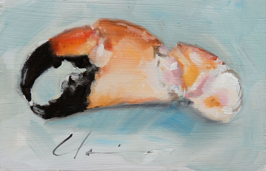 Red, Yellow and Orange, Large Stone Crab Claw, Seafood, Ocean, Coastal, Original Painting by Clair Hartmann