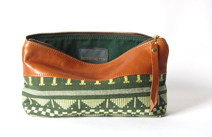 9-inch Zipper Pouch: vintage tapestry and eco leather