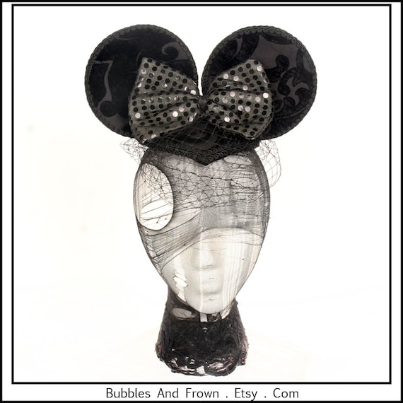 Extra Large Mouse Ears.. Mouse Ear Fascinator, Black with Sequined Bow - BubblesAndFrown
