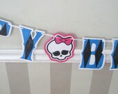 HAPPY BIRTHDAY Banner - Monster Argyle in Blue and Black with Skull on Pink