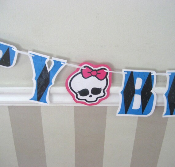 HAPPY BIRTHDAY Banner - Monster Argyle in Blue and Black with Skull on Pink Il_570xn
