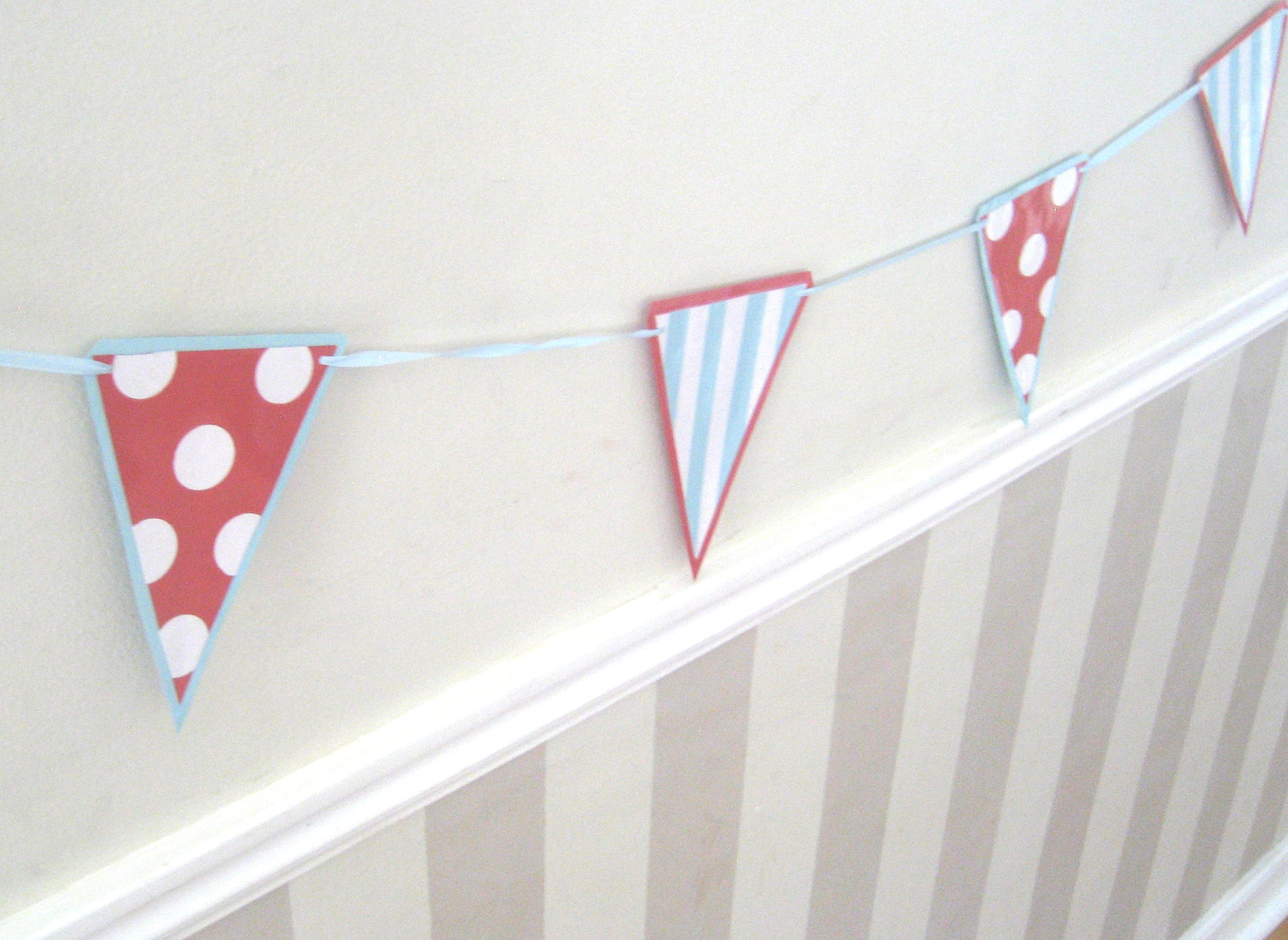 Pennant Garland Red White and Baby Blue Stripes and Polka Dots