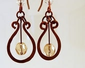 Hammered Copper, Copper Shape Harp, Faceted Glass Beads, Celtic Earrings
