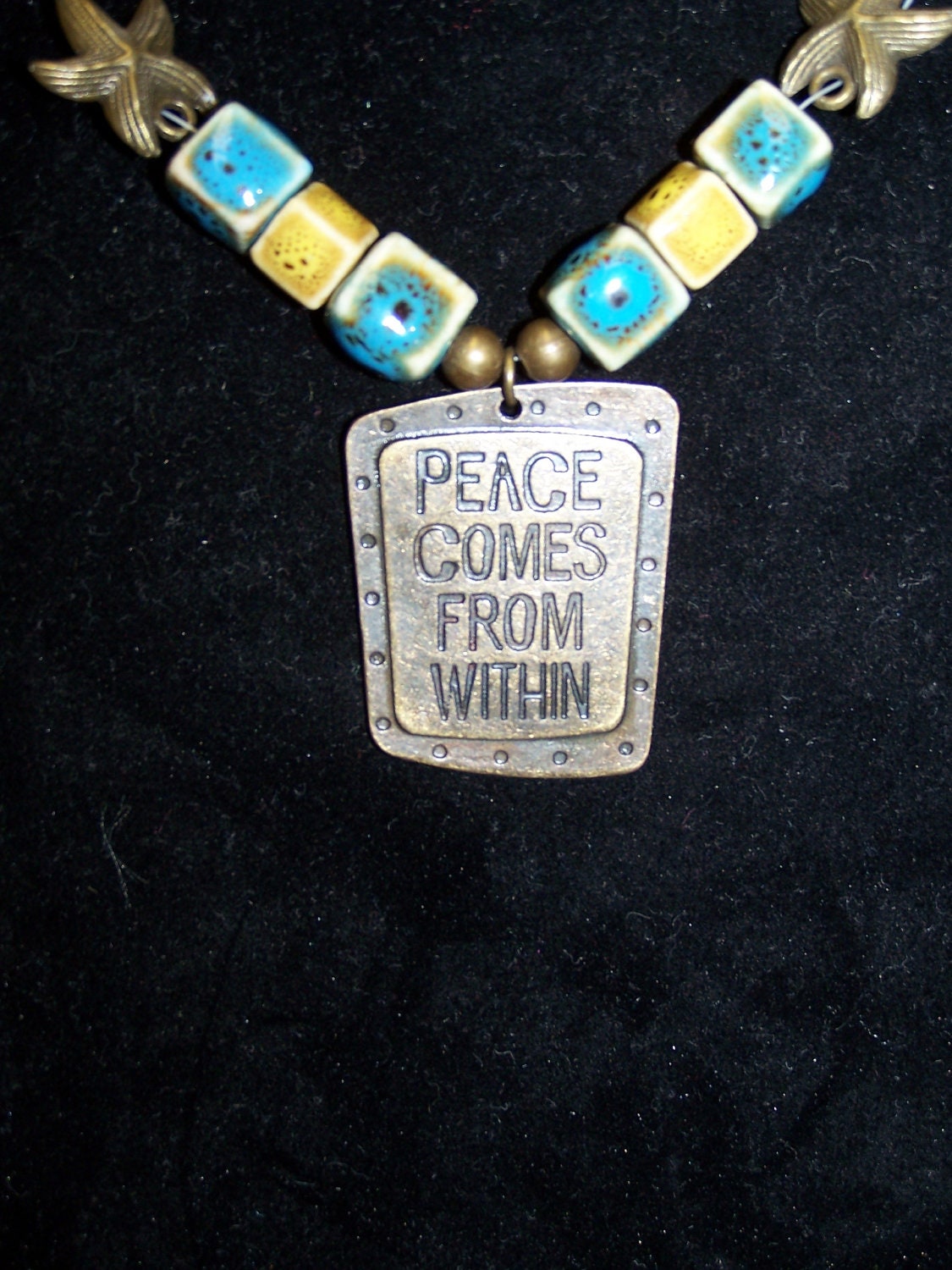 sale - Blue Green Clay Peace Necklace