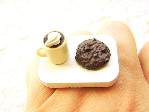 Coffee Ring Miniature Food Jewelry Coffee And A Chocolate Cookie