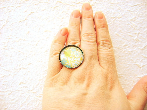 Japanese Ring Yuzen Washi Chiyogami Paper Ring Domed Glass