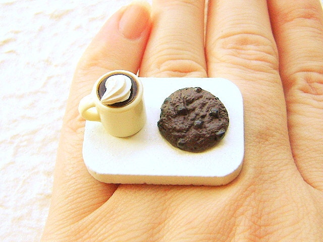 Coffee Ring Miniature Food Jewelry Coffee And A Chocolate Cookie