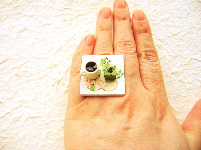 Coffee Ring Miniature Food Jewelry Coffee And Matcha Cake Chiyogami Plum Blossom