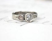 sapphire engagement ring . simple engagement ring . peach white sapphire ring . vine leaf recycled silver ring. ready to ship size 5 1/2