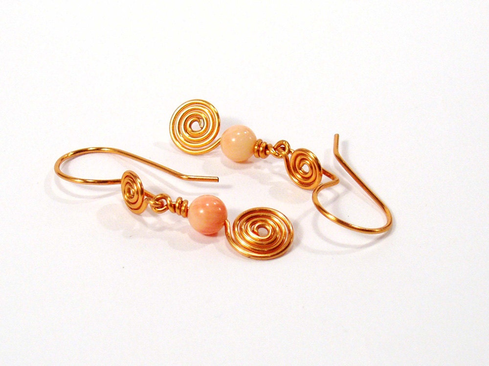 Pink Coral Earrings, Copper Spirals, Artisan Earrings, Spiral Earrings