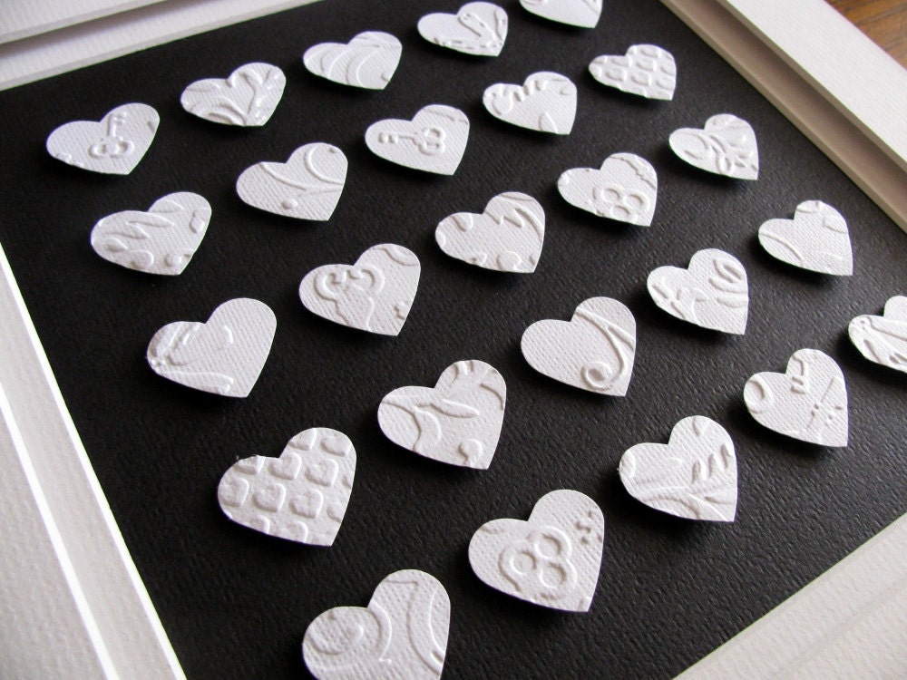Embossed White 3D Hearts on Slightly Textured Black - 8 inches x 8 inches