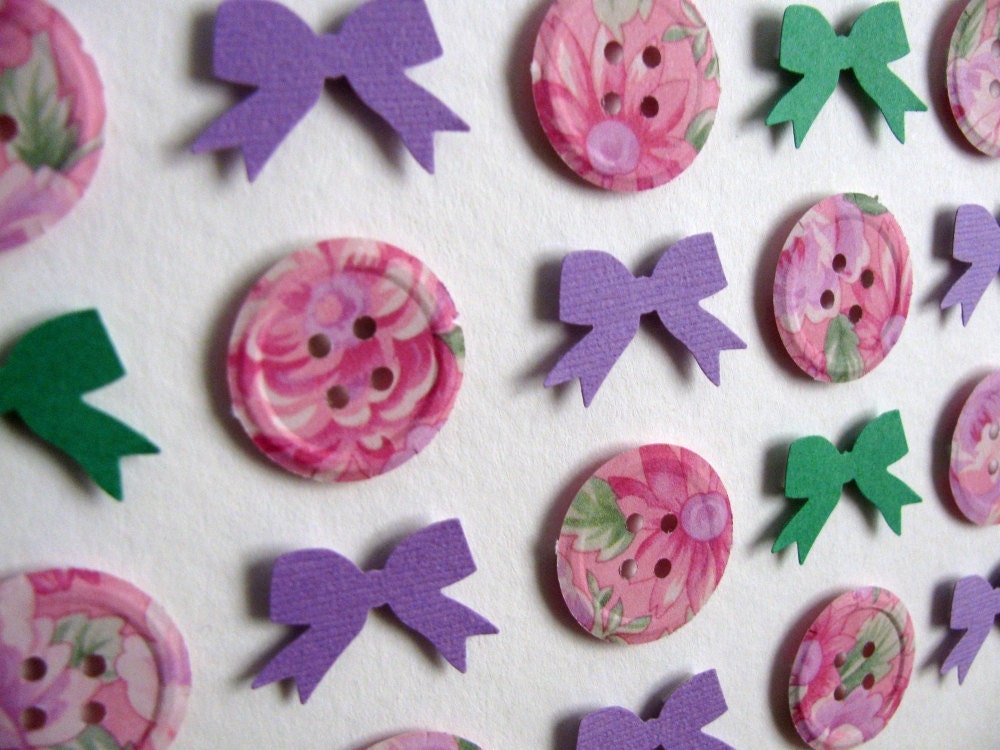 HALF PRICE Sale Buttons and Bows 3D Art - Purple, Green, Rose Pink - 5x7 inches